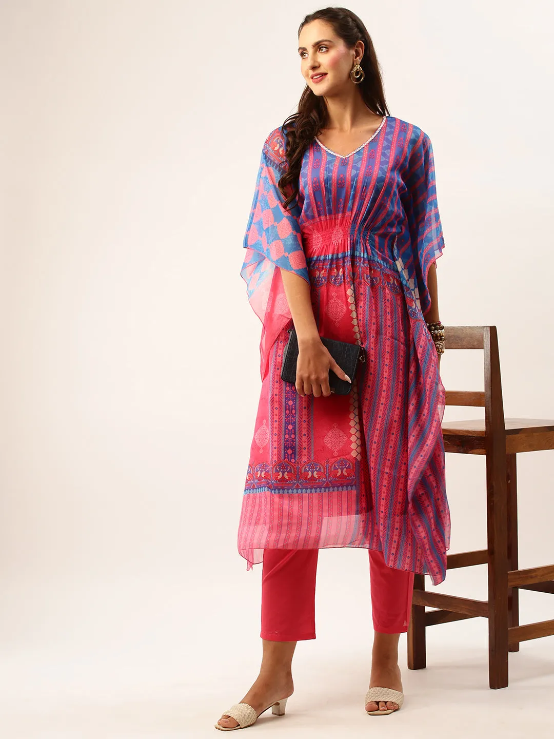 V Neckline Chiffon All over Mixed Prints Blue Loose fit Kaftan set For Women - ZOLA