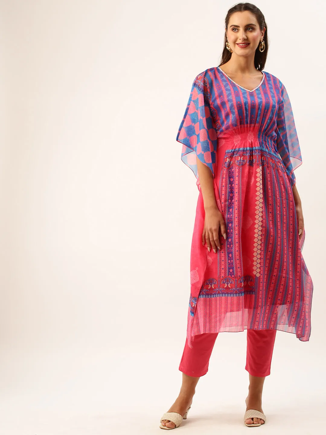 V Neckline Chiffon All over Mixed Prints Blue Loose fit Kaftan set For Women - ZOLA