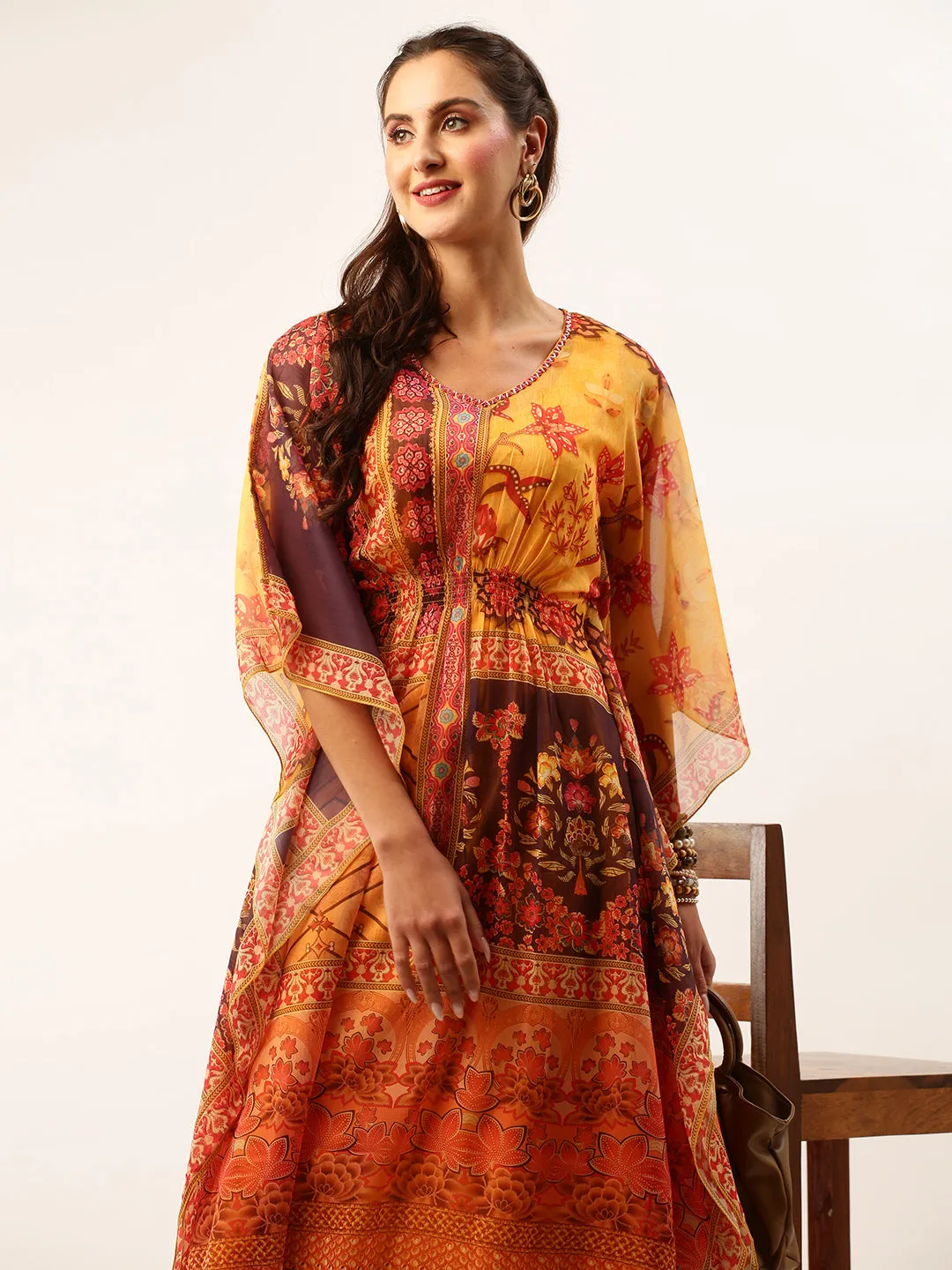 V Neckline Chiffon All over Mixed Prints Mustard Loose fit Kaftan set For Women - ZOLA