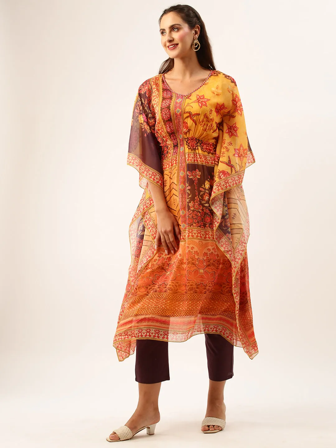 V Neckline Chiffon All over Mixed Prints Mustard Loose fit Kaftan set For Women - ZOLA