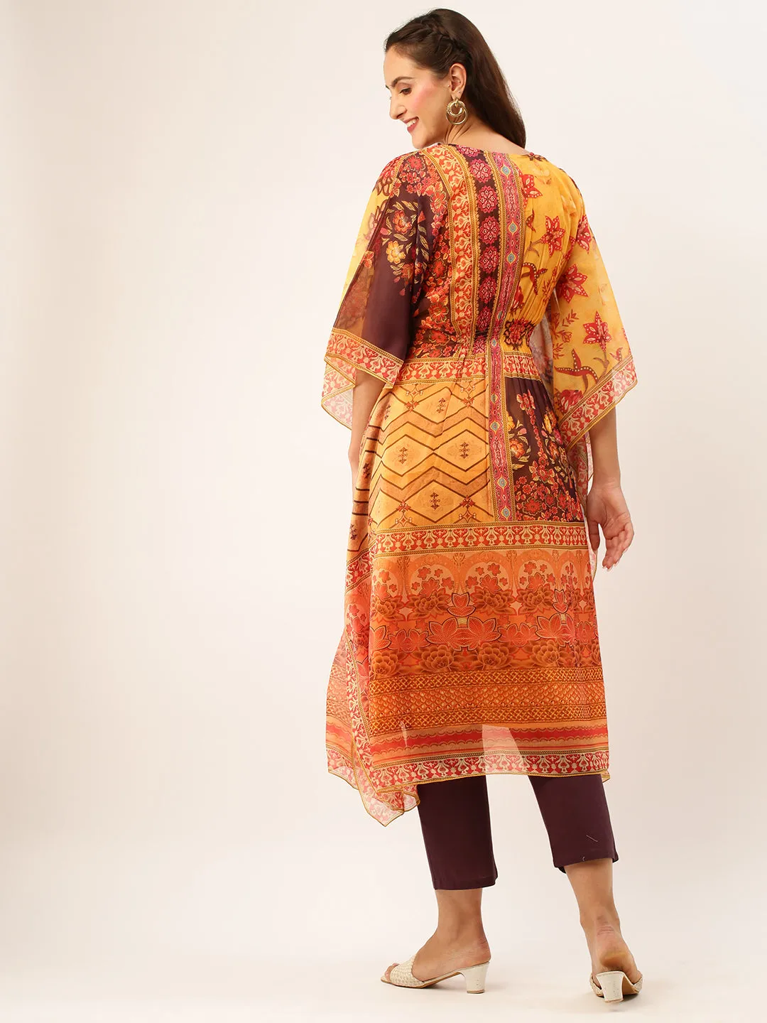 V Neckline Chiffon All over Mixed Prints Mustard Loose fit Kaftan set For Women - ZOLA