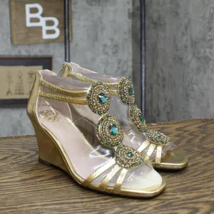 Vince Camuto Womens BAYLE Embellished Shiny Wedge Heels Gold Yellow 6.5M