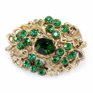 Vintage Goldtone  Brooch With Green Rhinestones Paste 1930S