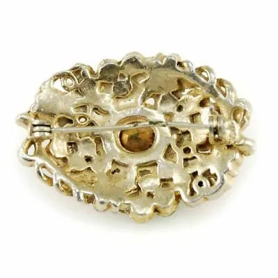Vintage Goldtone  Brooch With Green Rhinestones Paste 1930S
