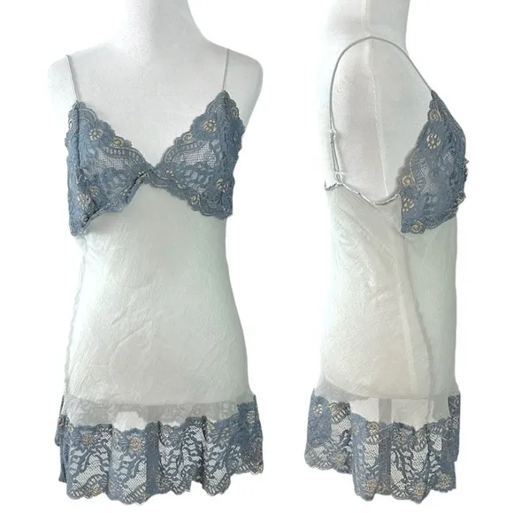 Vintage Mary Green Silk Sheer Mesh &amp; Lace Fairy Slip Dress Nightie Small Grey