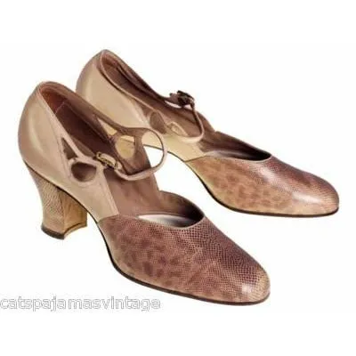 Vintage Shoes Tan/Snakeskin Leather Heel 1920s WALK OVER NIB#8 EU 36 US 6 N