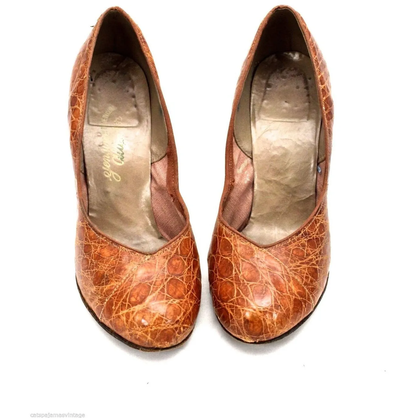 VTG LT Brown Alligator Bump Toe High Heel Pumps Size 4B 1950s Great Shape