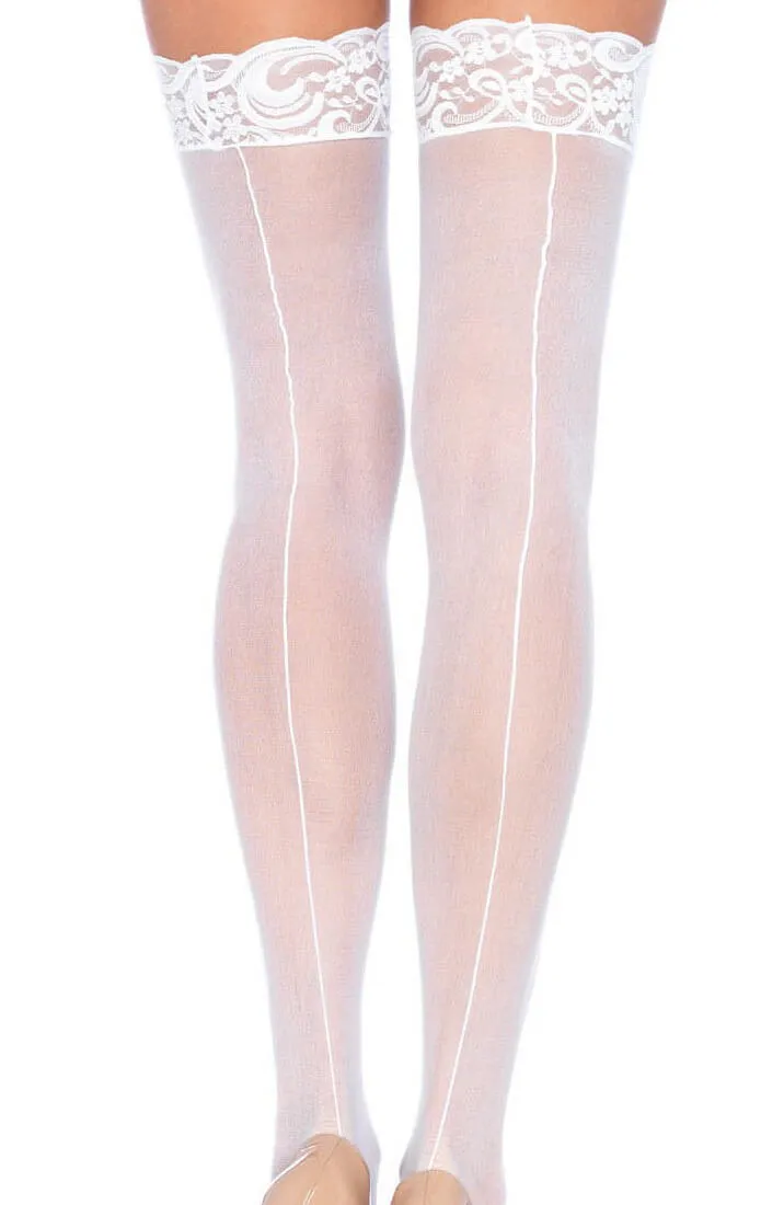White backseam thigh highs with lace top