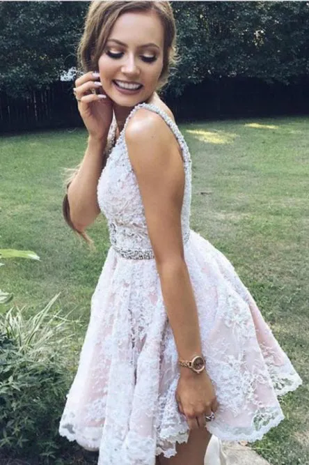 White Lace Low V-neck Pleat Homecoming Dress with Beading Sash OHM191