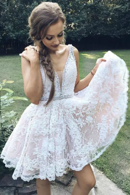 White Lace Low V-neck Pleat Homecoming Dress with Beading Sash OHM191