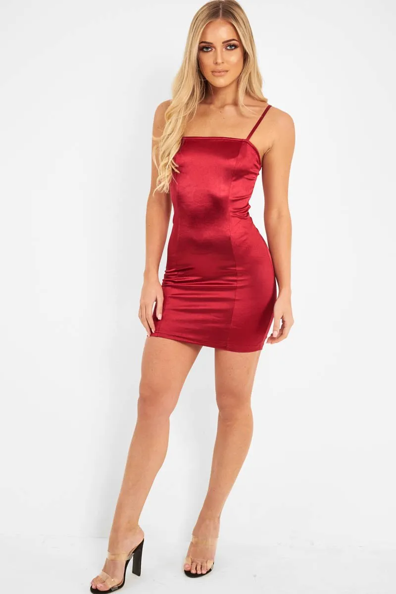 Wine Satin Bodycon Cut Out Back Dress - Shannie