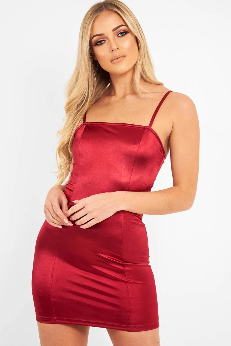 Wine Satin Bodycon Cut Out Back Dress - Shannie