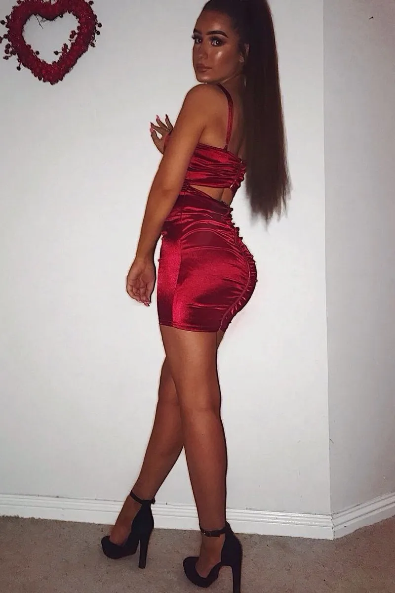 Wine Satin Bodycon Cut Out Back Dress - Shannie