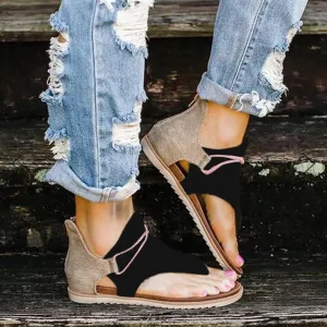 Women Summer Clip Toe Sandals Rear Zipper Comfortable Flats Shoes Lady Casual Mixed Colors Hollow Beach Sandalias Mujer 2023