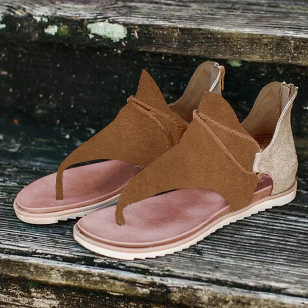 Women Summer Clip Toe Sandals Rear Zipper Comfortable Flats Shoes Lady Casual Mixed Colors Hollow Beach Sandalias Mujer 2023