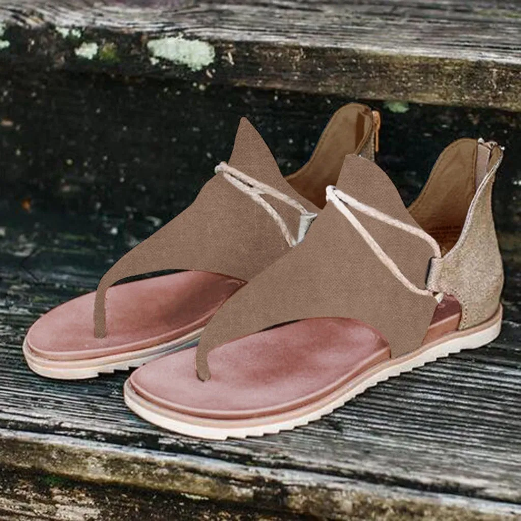 Women Summer Clip Toe Sandals Rear Zipper Comfortable Flats Shoes Lady Casual Mixed Colors Hollow Beach Sandalias Mujer 2023