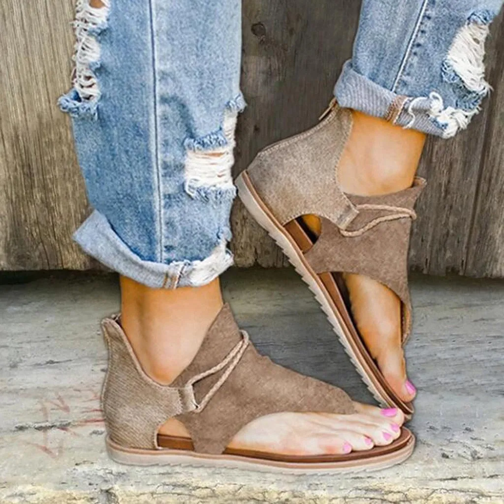 Women Summer Clip Toe Sandals Rear Zipper Comfortable Flats Shoes Lady Casual Mixed Colors Hollow Beach Sandalias Mujer 2023