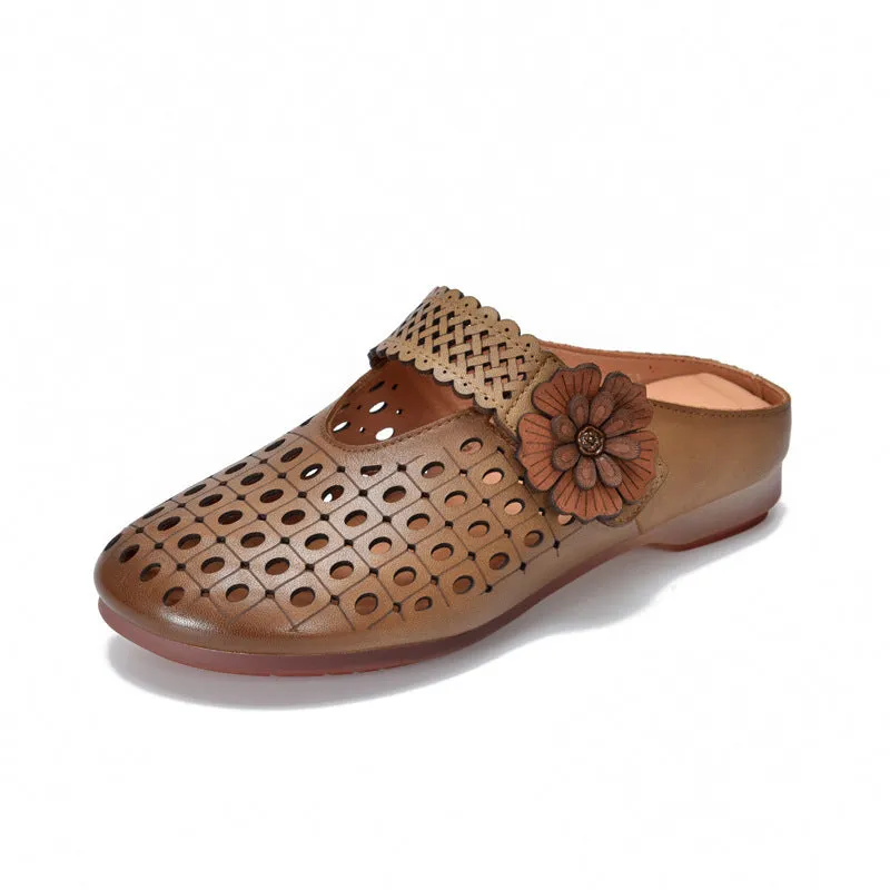 Women Summer Hollow Out Leather Flower Slippers