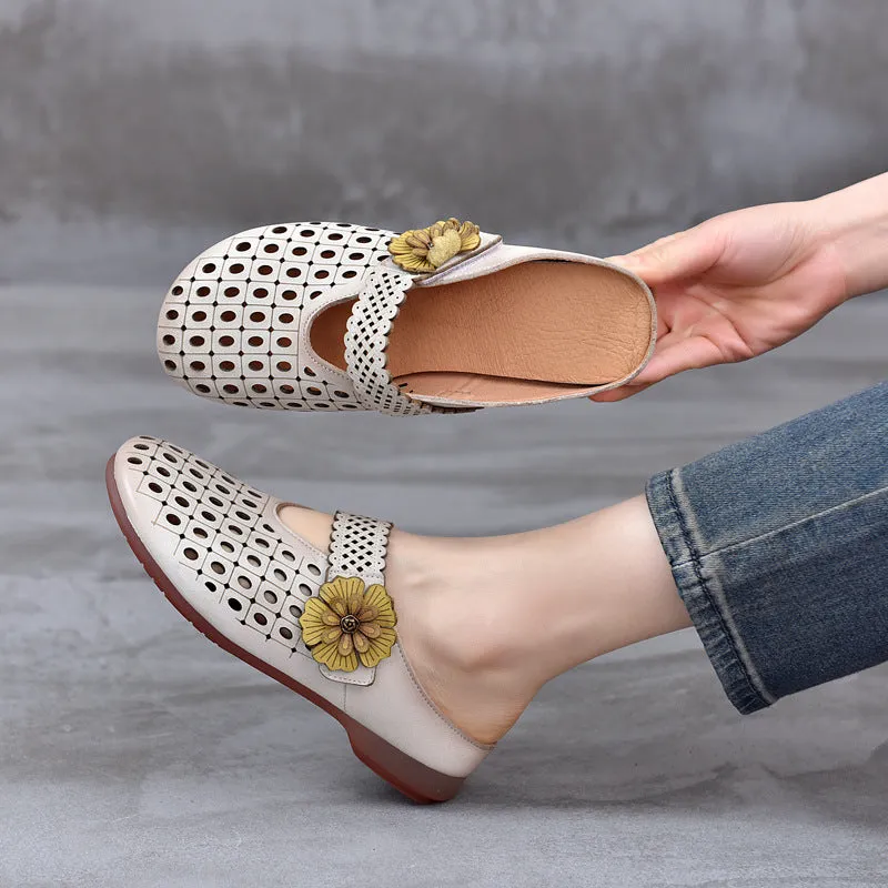 Women Summer Hollow Out Leather Flower Slippers