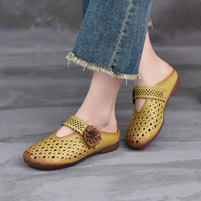 Women Summer Hollow Out Leather Flower Slippers