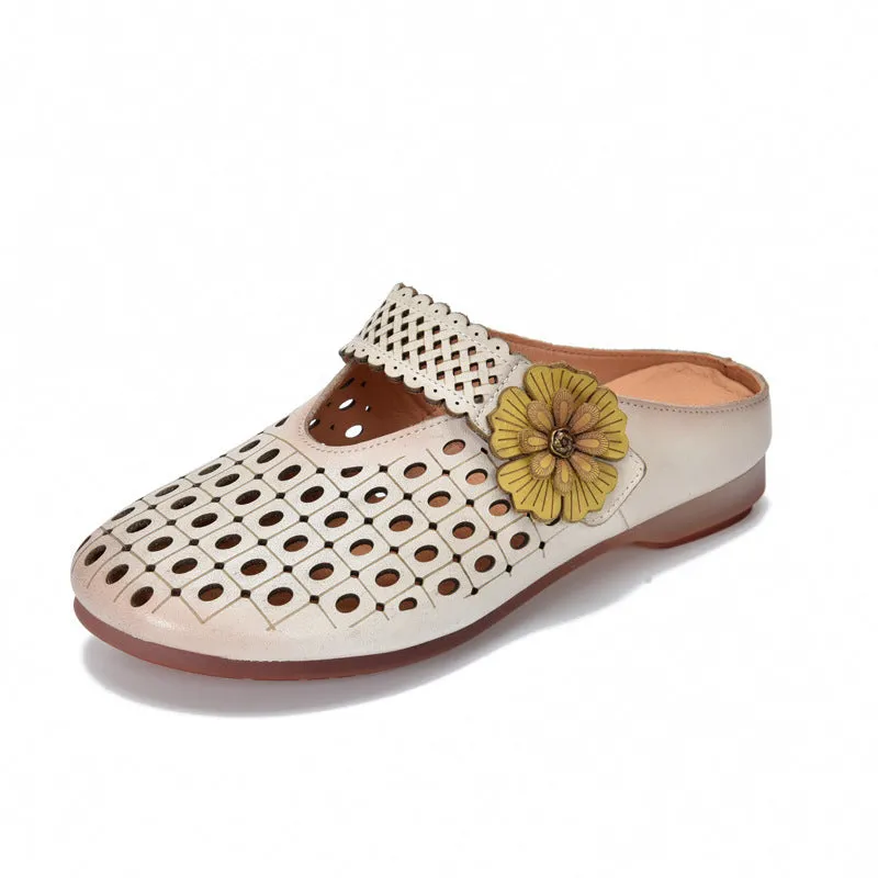 Women Summer Hollow Out Leather Flower Slippers