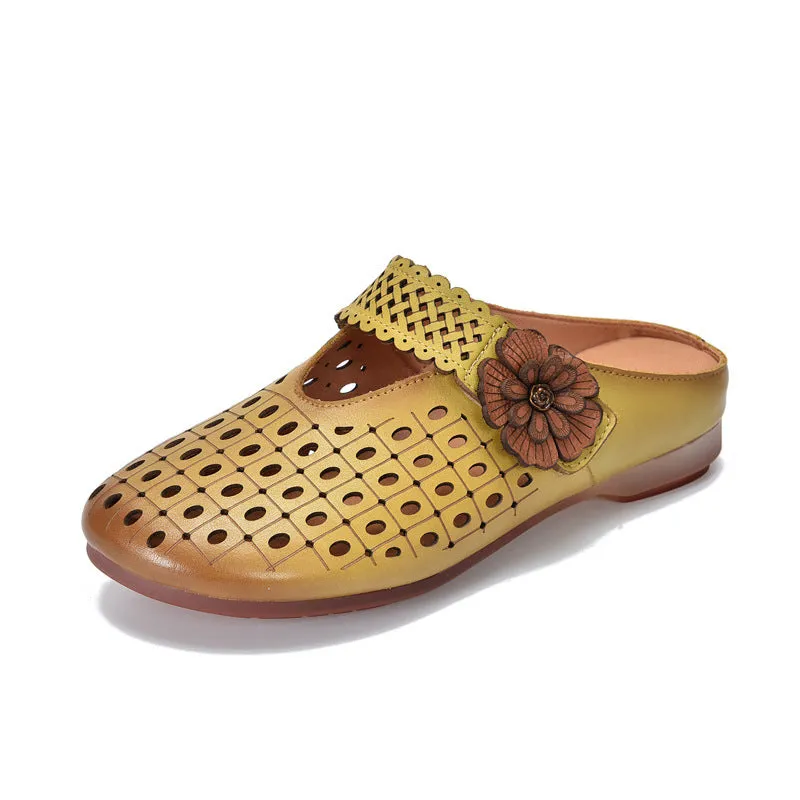Women Summer Hollow Out Leather Flower Slippers
