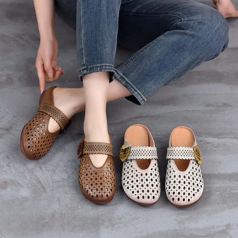 Women Summer Hollow Out Leather Flower Slippers