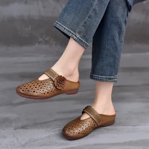 Women Summer Hollow Out Leather Flower Slippers