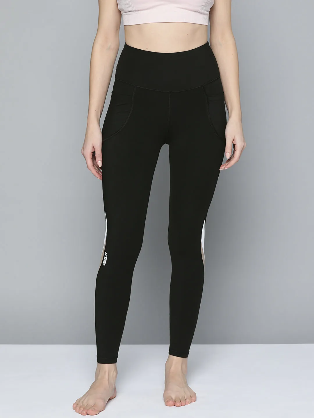 Women's Black & White Striped Detail High-Rise Yoga Tights