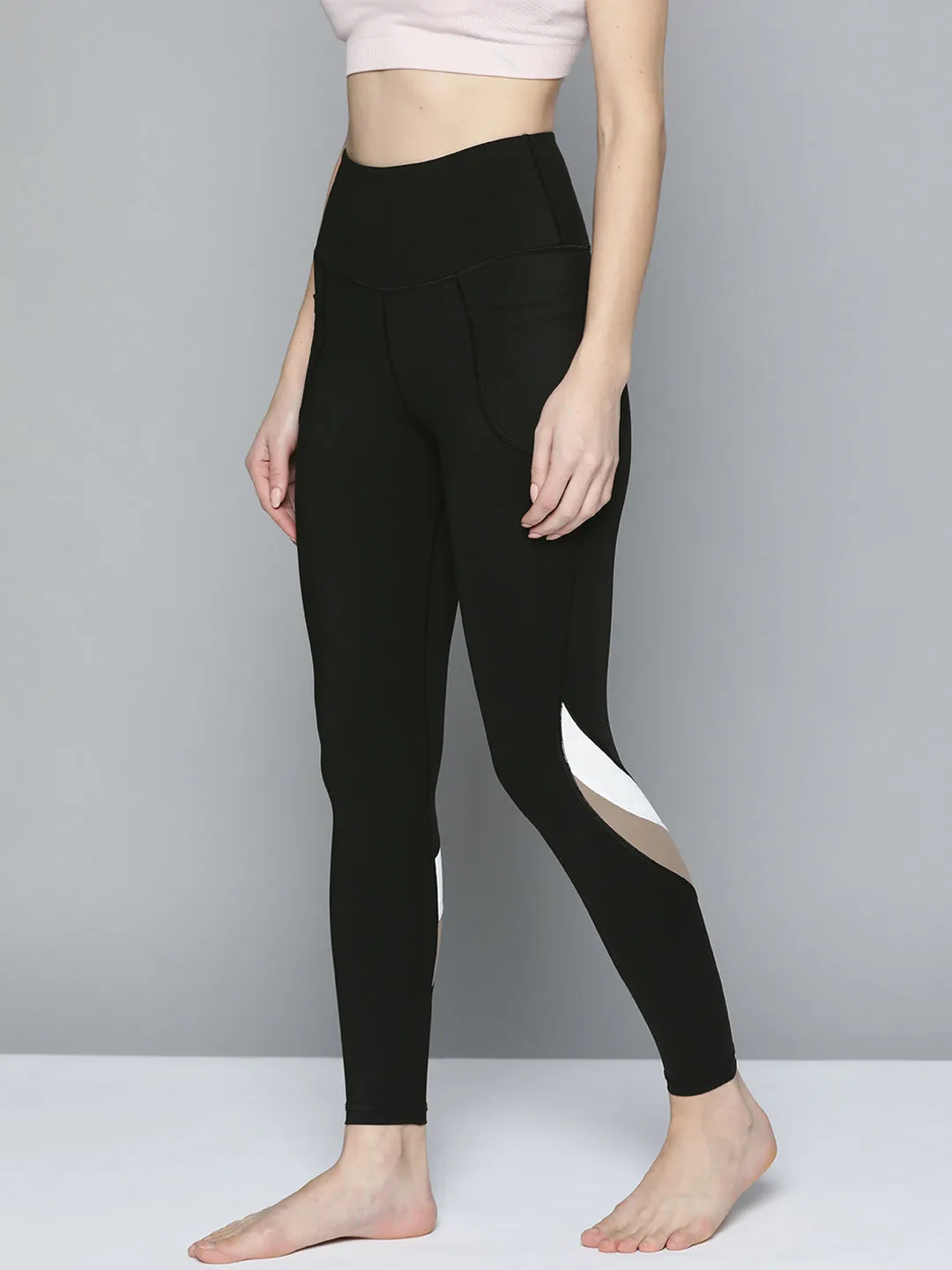 Women's Black & White Striped Detail High-Rise Yoga Tights
