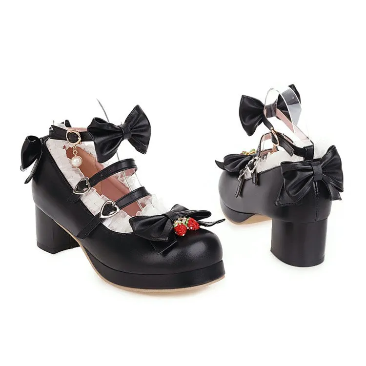 Women's Chunky Heel Pumps Mary Janes Shoes with Bowtie Lace