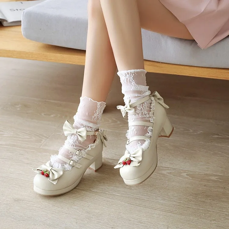 Women's Chunky Heel Pumps Mary Janes Shoes with Bowtie Lace