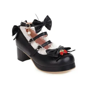 Women's Chunky Heel Pumps Mary Janes Shoes with Bowtie Lace