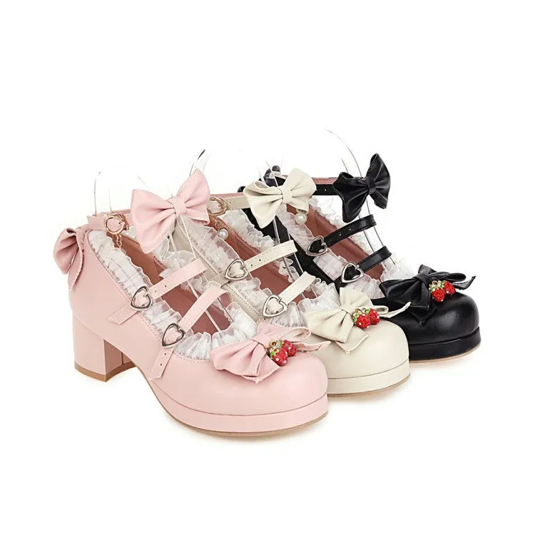 Women's Chunky Heel Pumps Mary Janes Shoes with Bowtie Lace