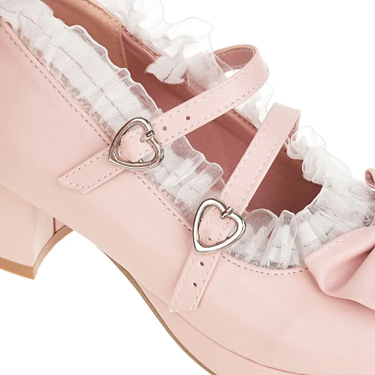 Women's Chunky Heel Pumps Mary Janes Shoes with Bowtie Lace