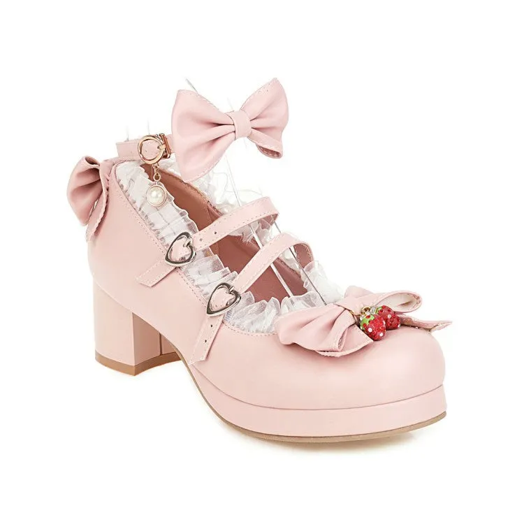 Women's Chunky Heel Pumps Mary Janes Shoes with Bowtie Lace