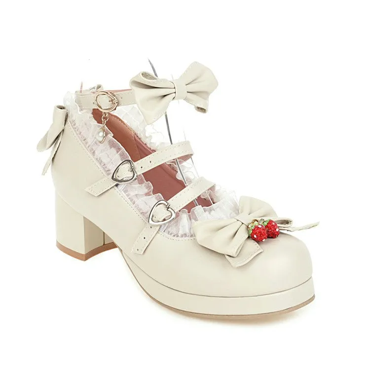 Women's Chunky Heel Pumps Mary Janes Shoes with Bowtie Lace