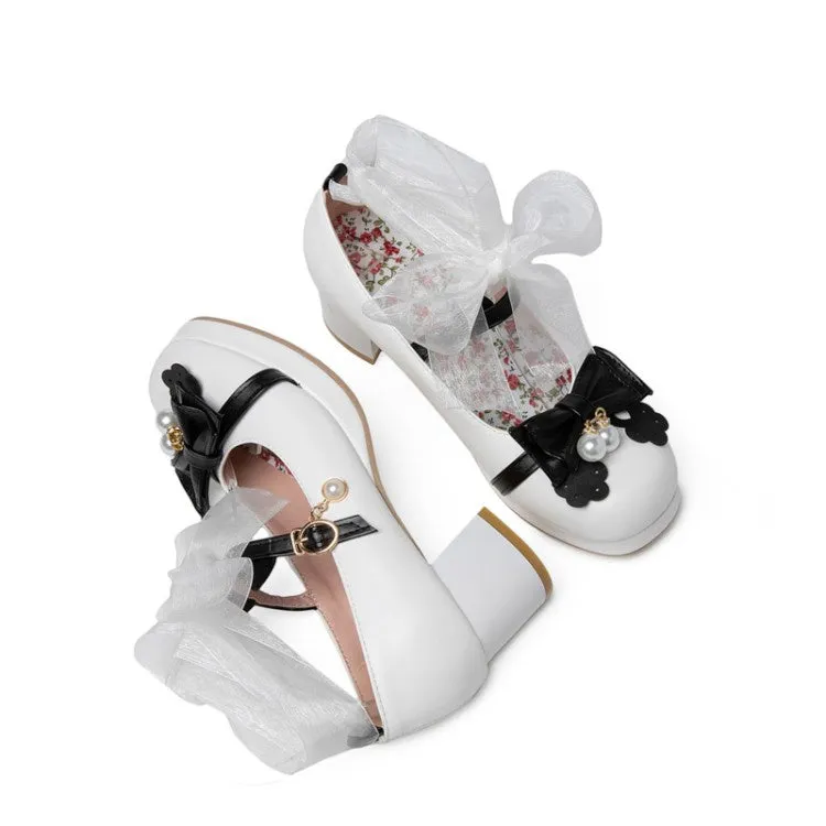 Women's Chunky Heel Pumps Mary Janes Shoes with Bowtie
