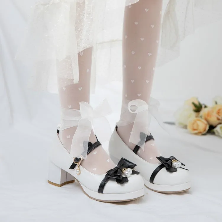 Women's Chunky Heel Pumps Mary Janes Shoes with Bowtie