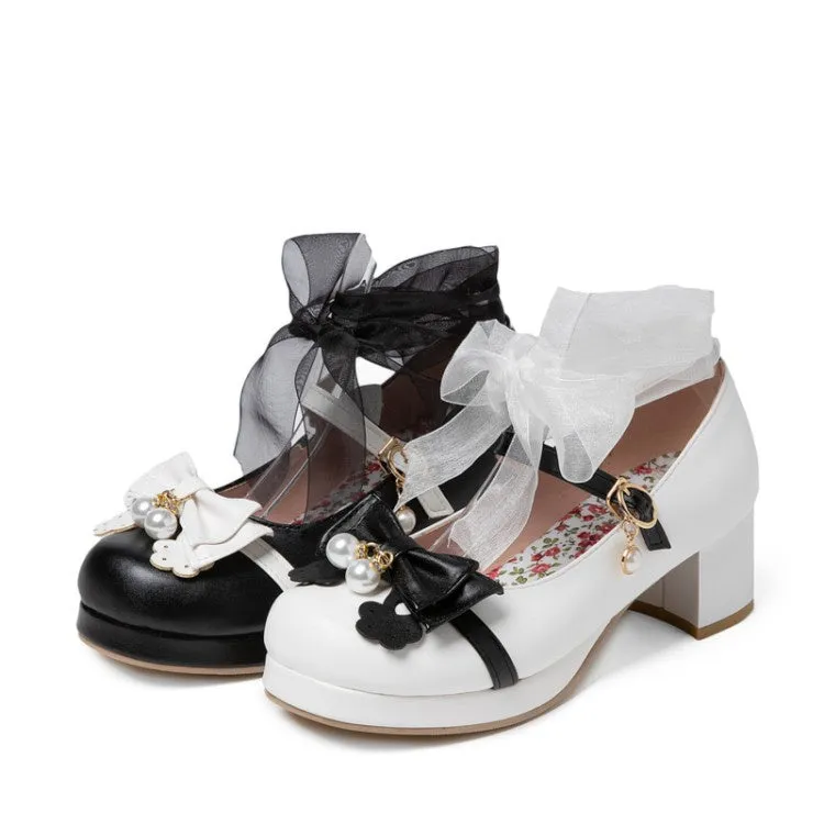 Women's Chunky Heel Pumps Mary Janes Shoes with Bowtie