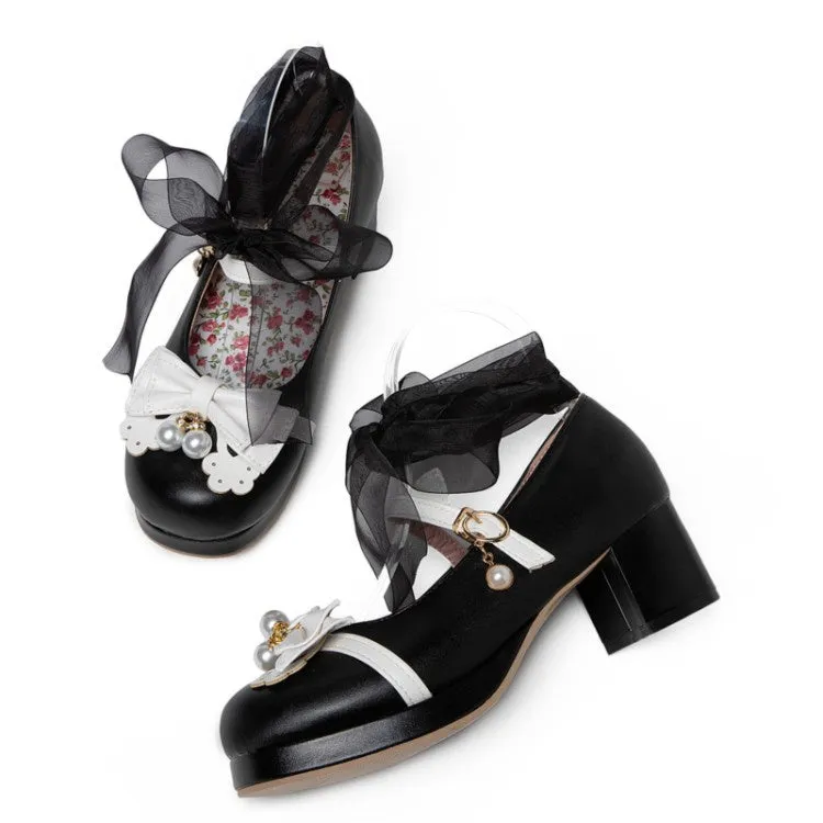 Women's Chunky Heel Pumps Mary Janes Shoes with Bowtie