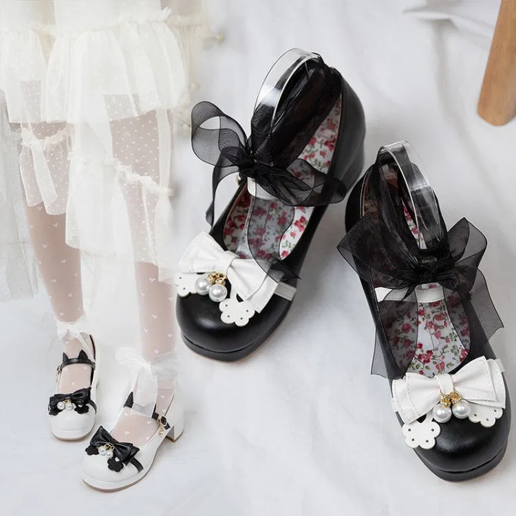 Women's Chunky Heel Pumps Mary Janes Shoes with Bowtie