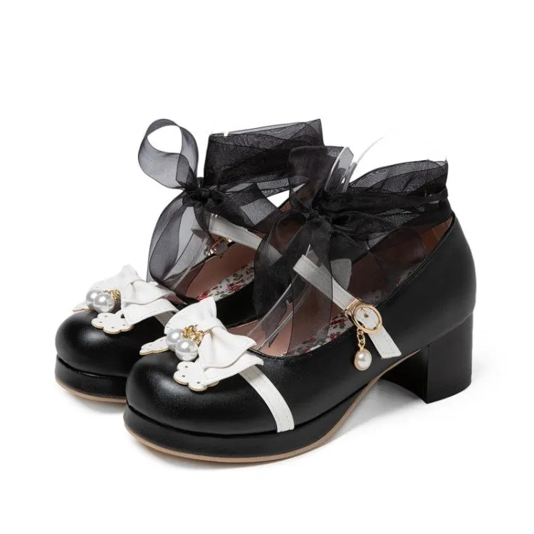Women's Chunky Heel Pumps Mary Janes Shoes with Bowtie