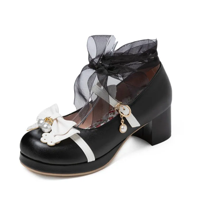 Women's Chunky Heel Pumps Mary Janes Shoes with Bowtie