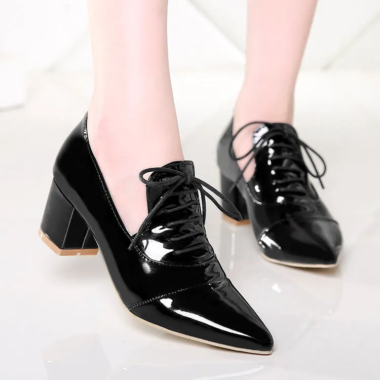 Women's Pointed Toe Lace Up Chunky Heel Pumps