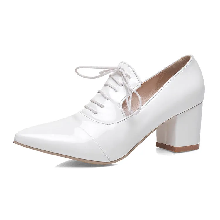 Women's Pointed Toe Lace Up Chunky Heel Pumps