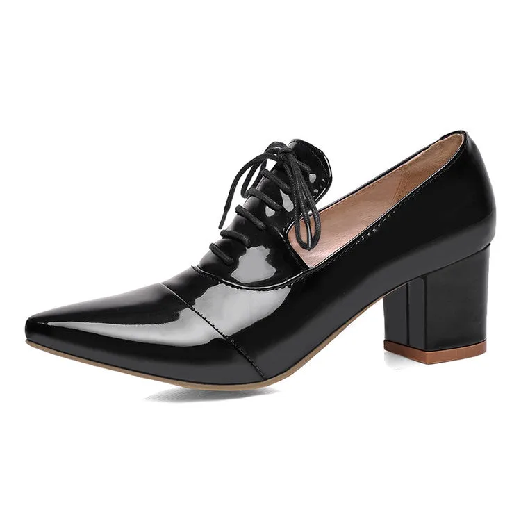 Women's Pointed Toe Lace Up Chunky Heel Pumps