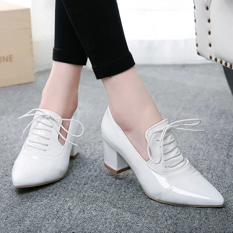 Women's Pointed Toe Lace Up Chunky Heel Pumps