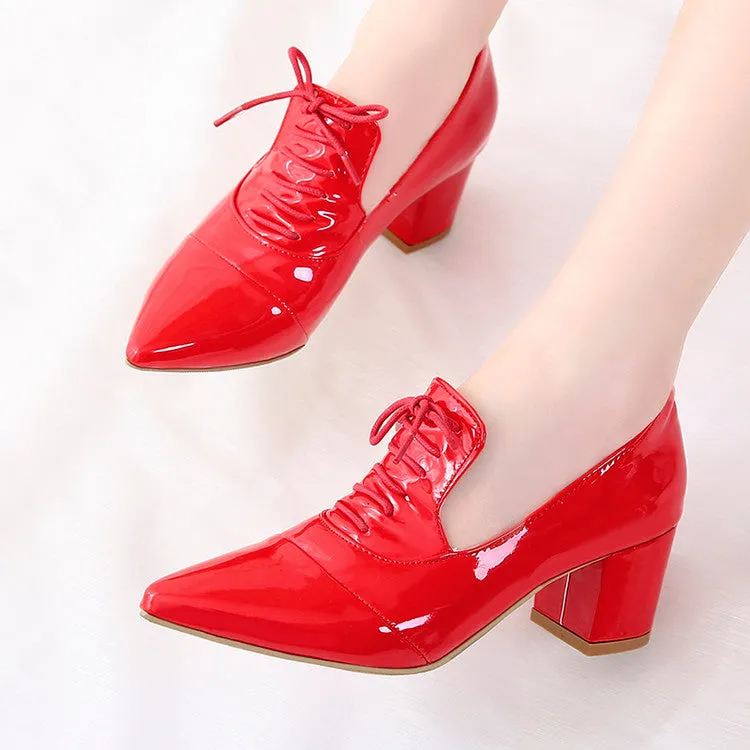Women's Pointed Toe Lace Up Chunky Heel Pumps