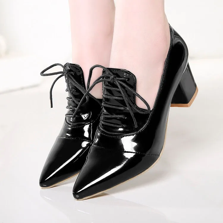 Women's Pointed Toe Lace Up Chunky Heel Pumps